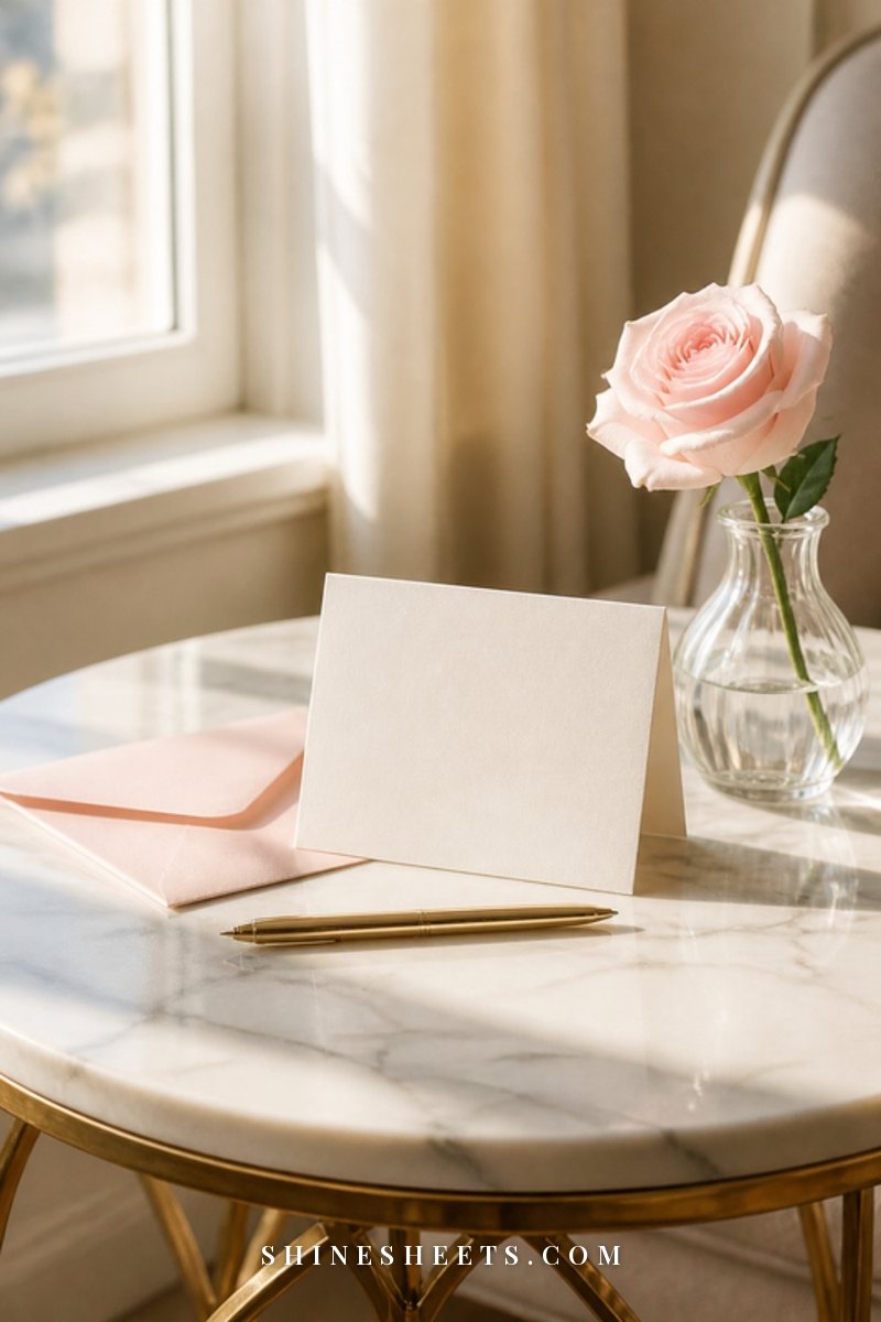 A blank cream notecard, a blush envelope and a single pink rose in a small glass bud vase on a white table