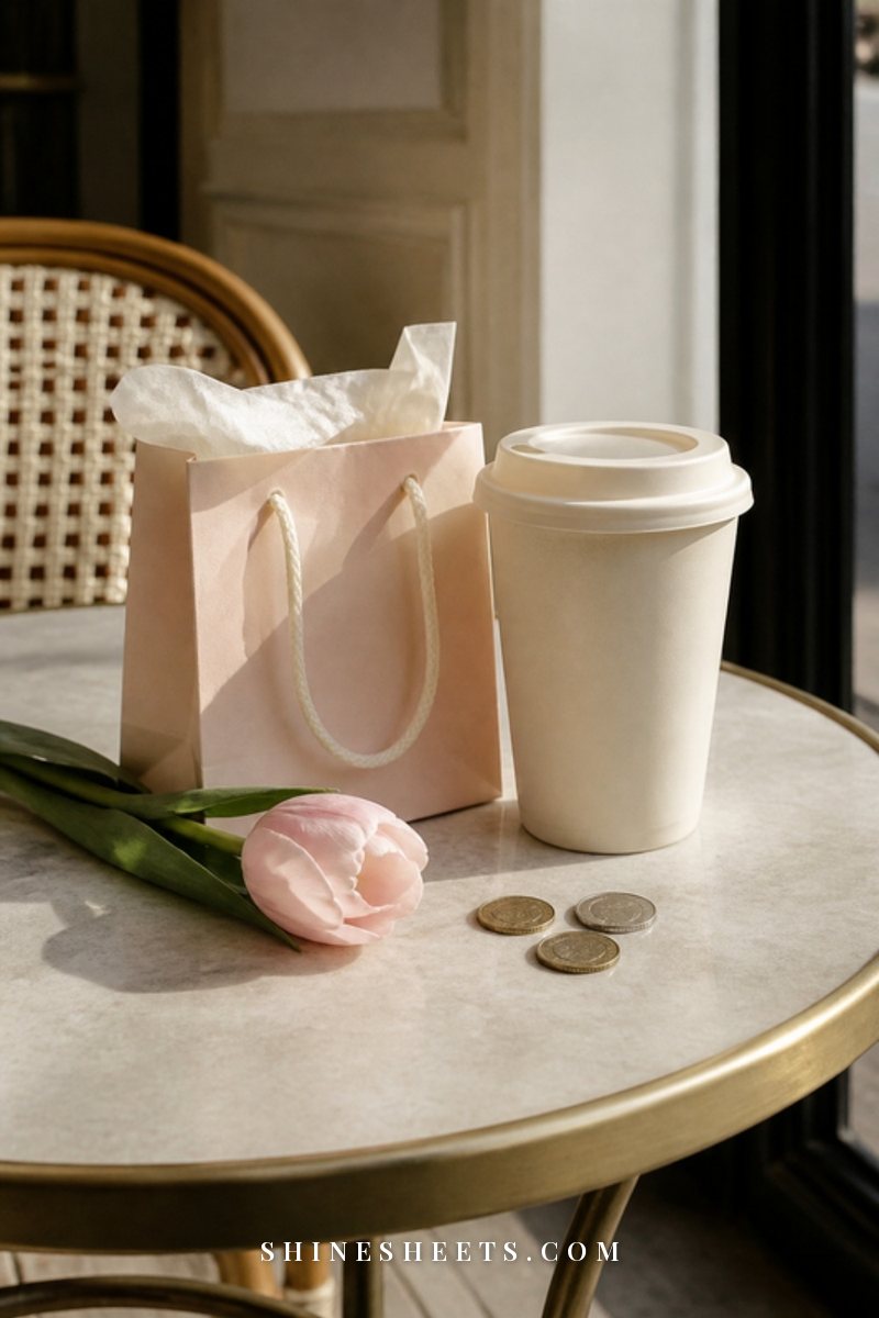 A cream reusable coffee cup, a small blush paper gift bag with tissue and a single tulip on a sunny café table