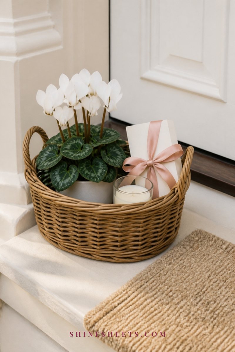A woven basket with a potted white flower, a blank card and a small jar candle on a cream front doorstep