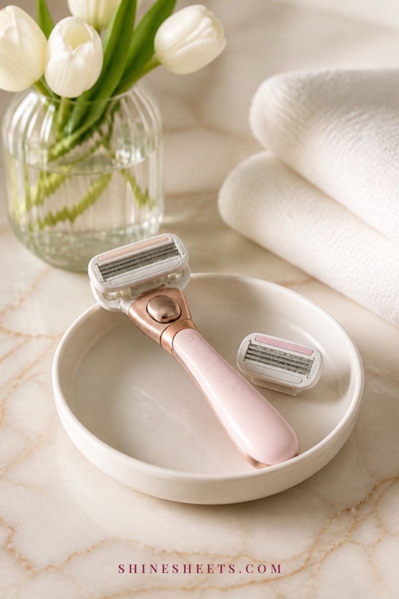 A blush women's razor with a spare cartridge resting in a white ceramic dish on a cream marble counter