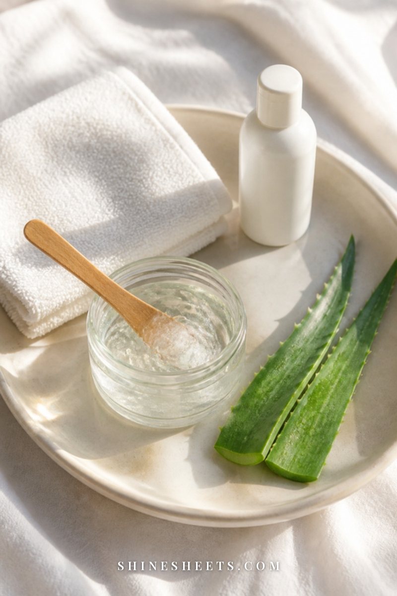 A clear glass jar of soothing aloe gel with fresh aloe leaves and a folded white cotton towel on a cream tray