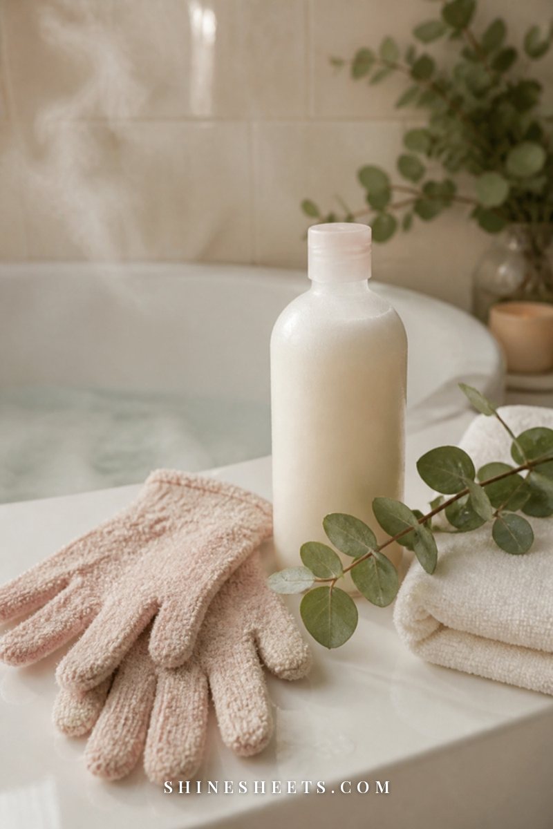 A pair of blush exfoliating gloves and a bottle of creamy body wash on a white bath ledge with eucalyptus