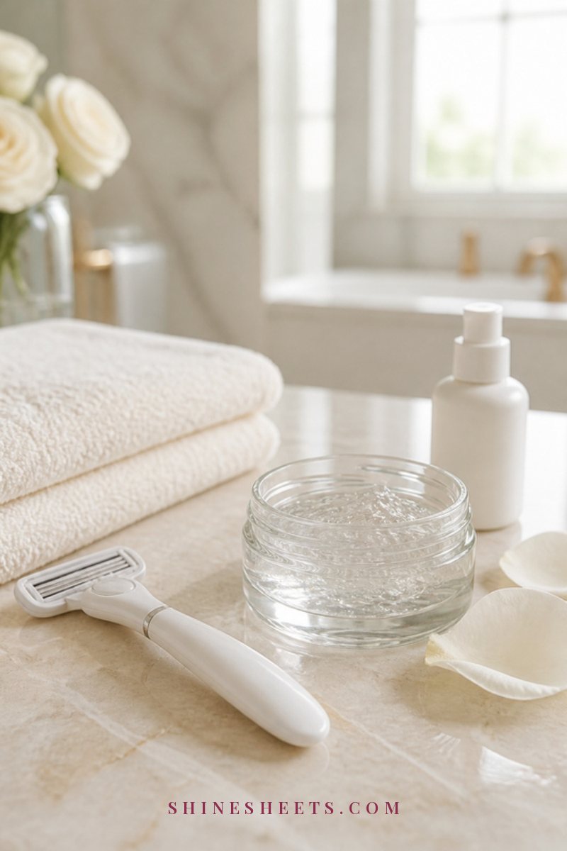 A white women's razor, a soft cream towel and a glass jar of clear soothing gel on a beige marble bathroom counter