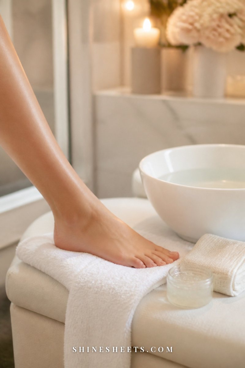 A woman's relaxed lower leg resting on a white towel beside a bowl of warm water and a soft folded washcloth