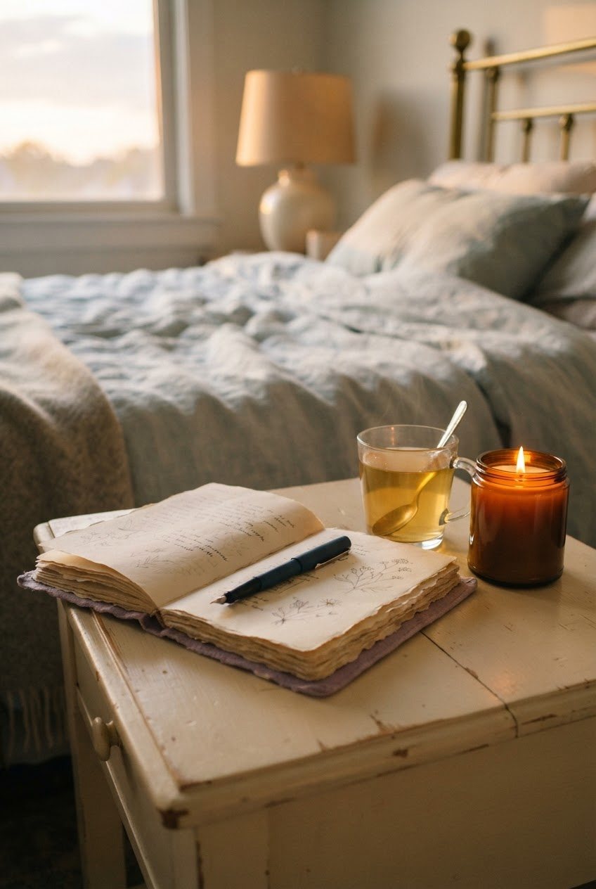 Open lavender journal with a pen, a cup of chamomile tea and a lit glass candle on a cream bedside table