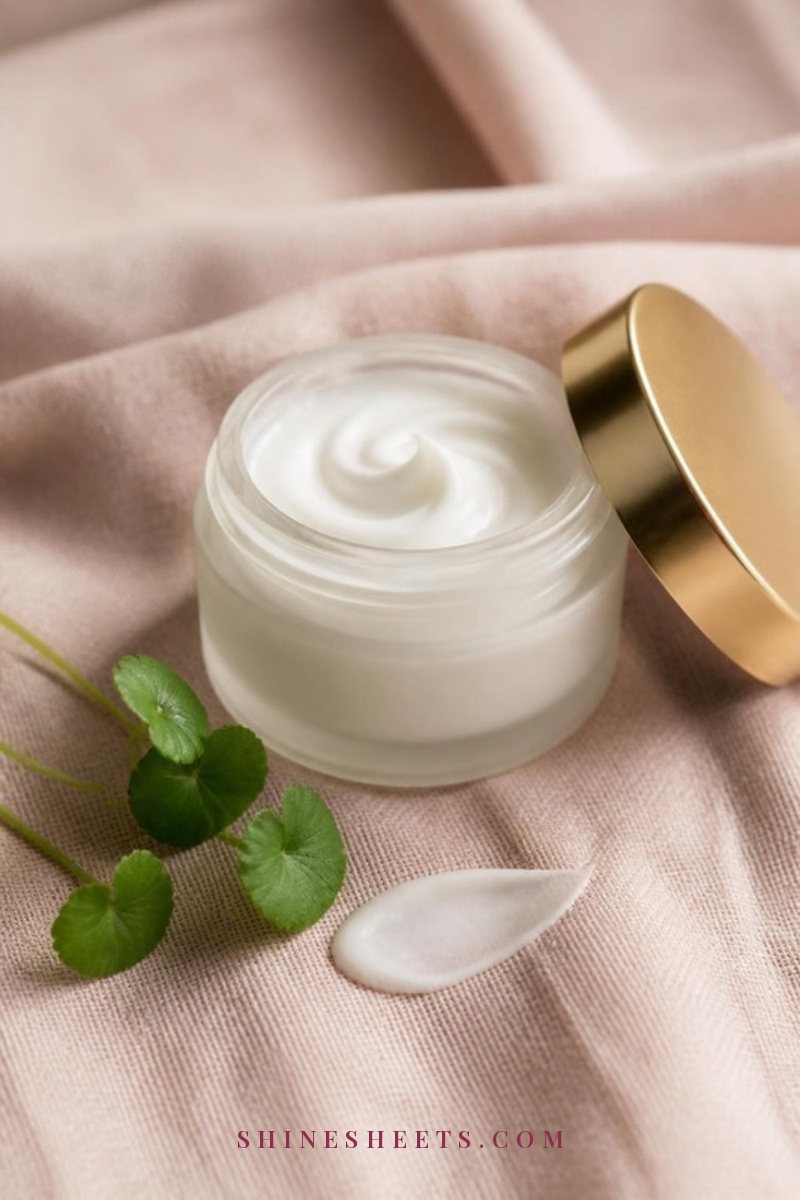 Open cream glass jar of rich white barrier cream with a soft swirl of texture on a blush linen cloth beside a small sprig of greenery