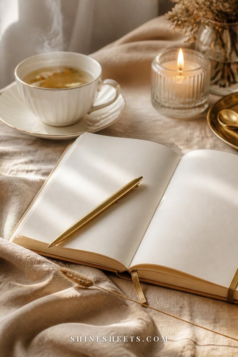 Open cream notebook with blank pages, a gold pen and a cup of herbal tea on a beige linen tablecloth in soft morning light