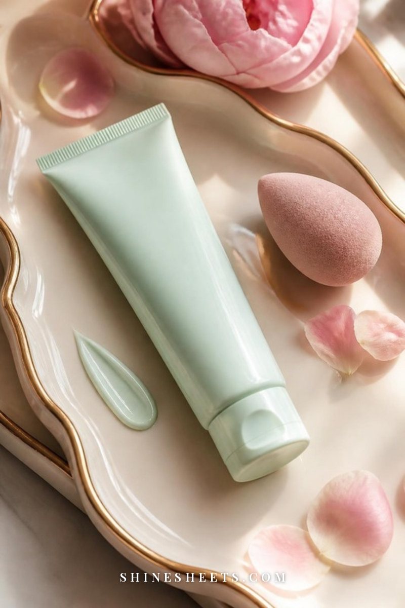 Soft mint green color correcting primer tube with a small dot of pale green cream and a blush makeup sponge on a cream vanity tray