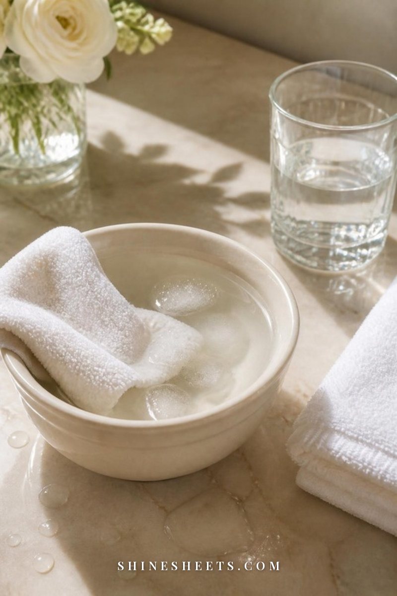 Soft white cotton cloth folded in a small cream ceramic bowl of cool water with a few ice cubes on a beige marble surface