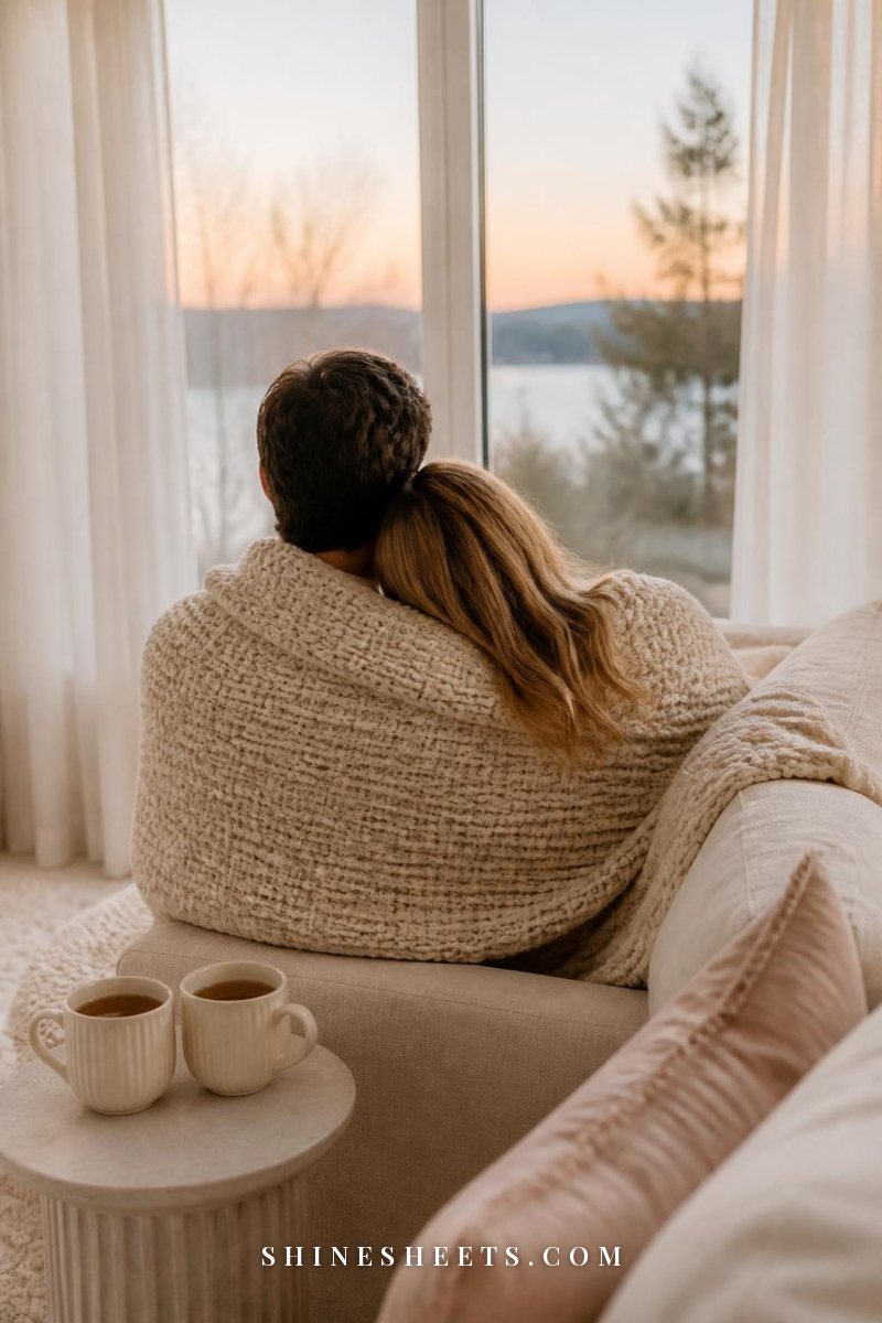 Couple seen from behind sitting close on a linen sofa under a cream knit blanket with two mugs of tea