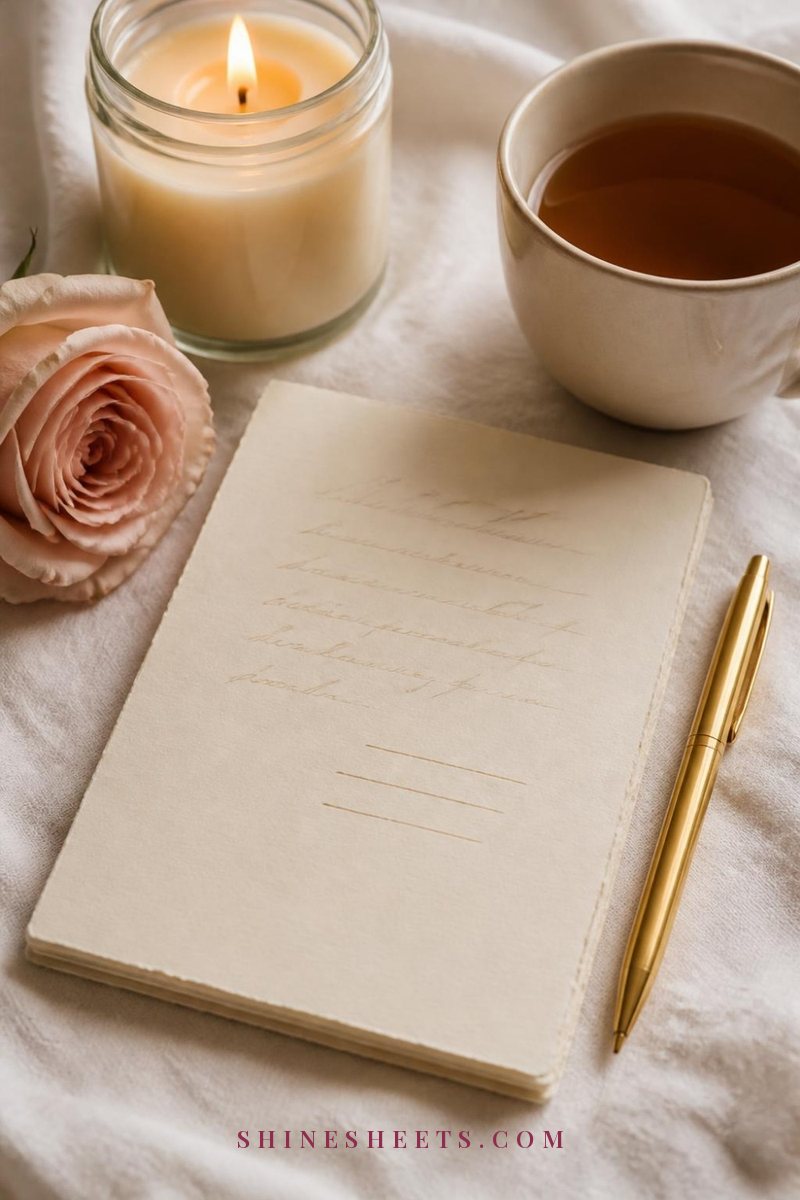 Cream card with soft handwritten notes, a gold pen and a lit candle on a white linen tablecloth