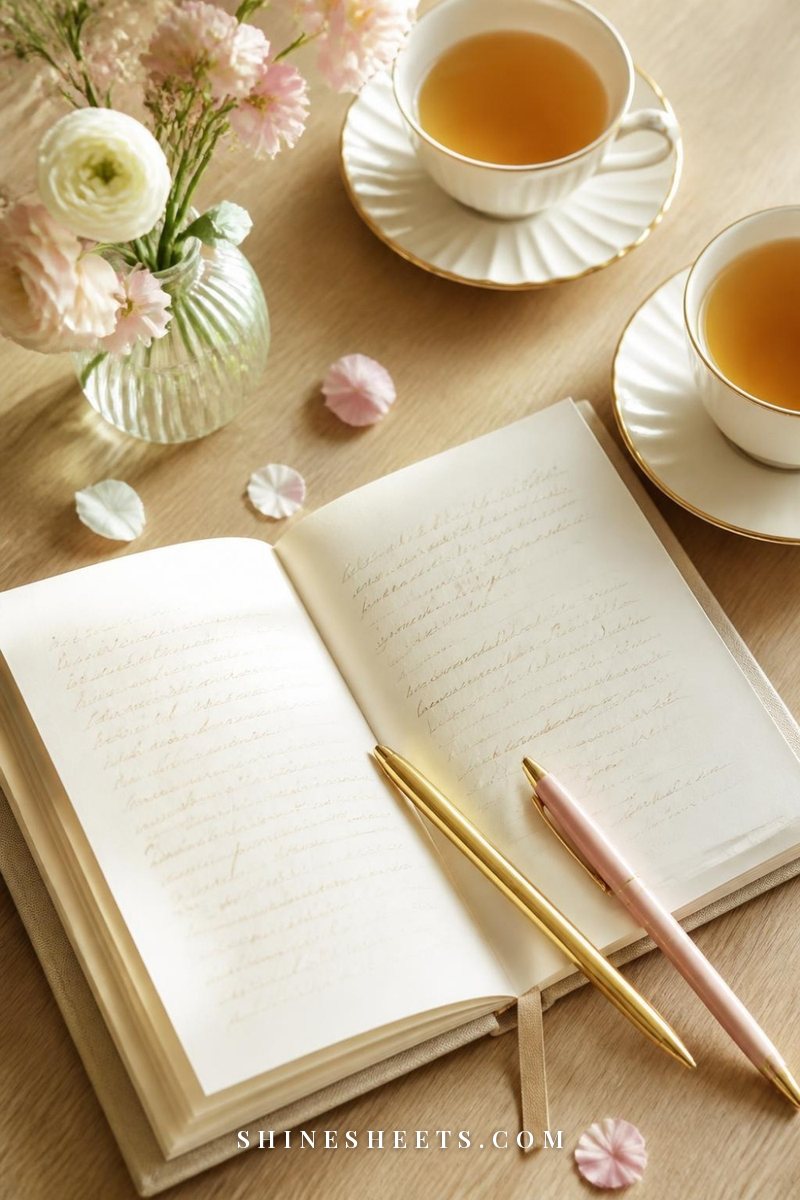 Open shared journal with two pens, two cups of tea and a small vase of flowers on a sunny wooden table