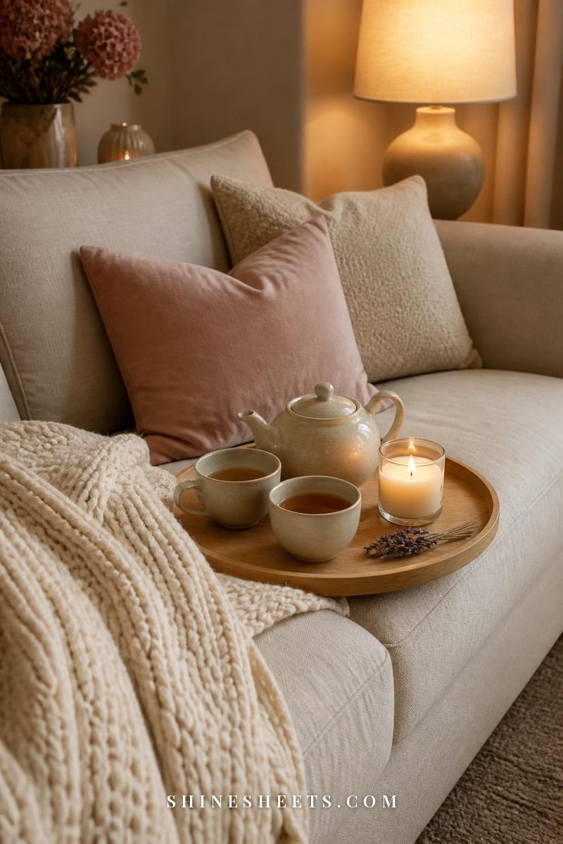 Two cups of tea on a wooden tray with a lit glass candle and a cream knit throw on a linen sofa