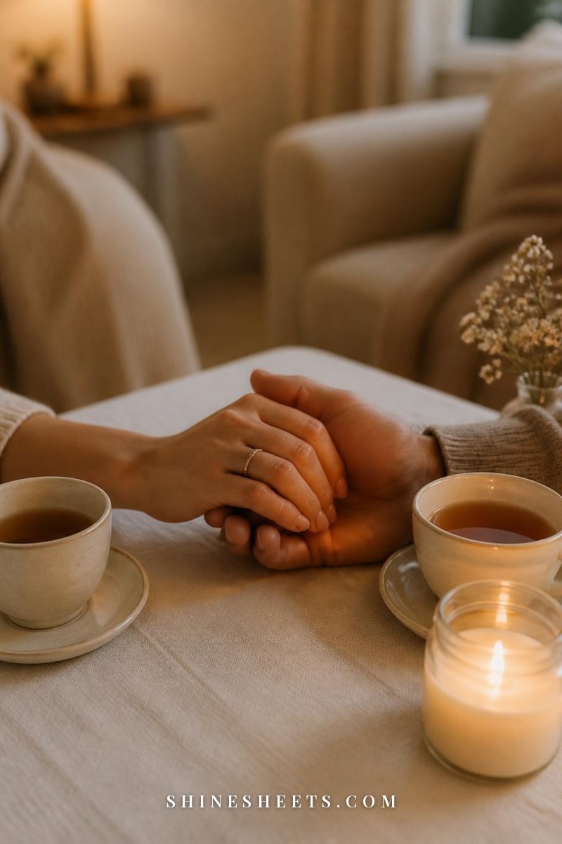 Two hands gently holding across a white linen table beside two cups of tea and a lit glass candle