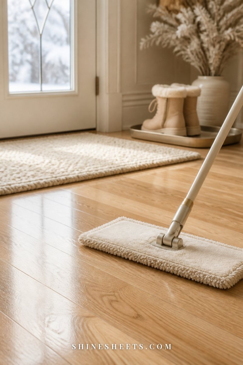 Close-up of a gleaming light oak hardwood floor by a front door with a cream microfiber mop resting on it