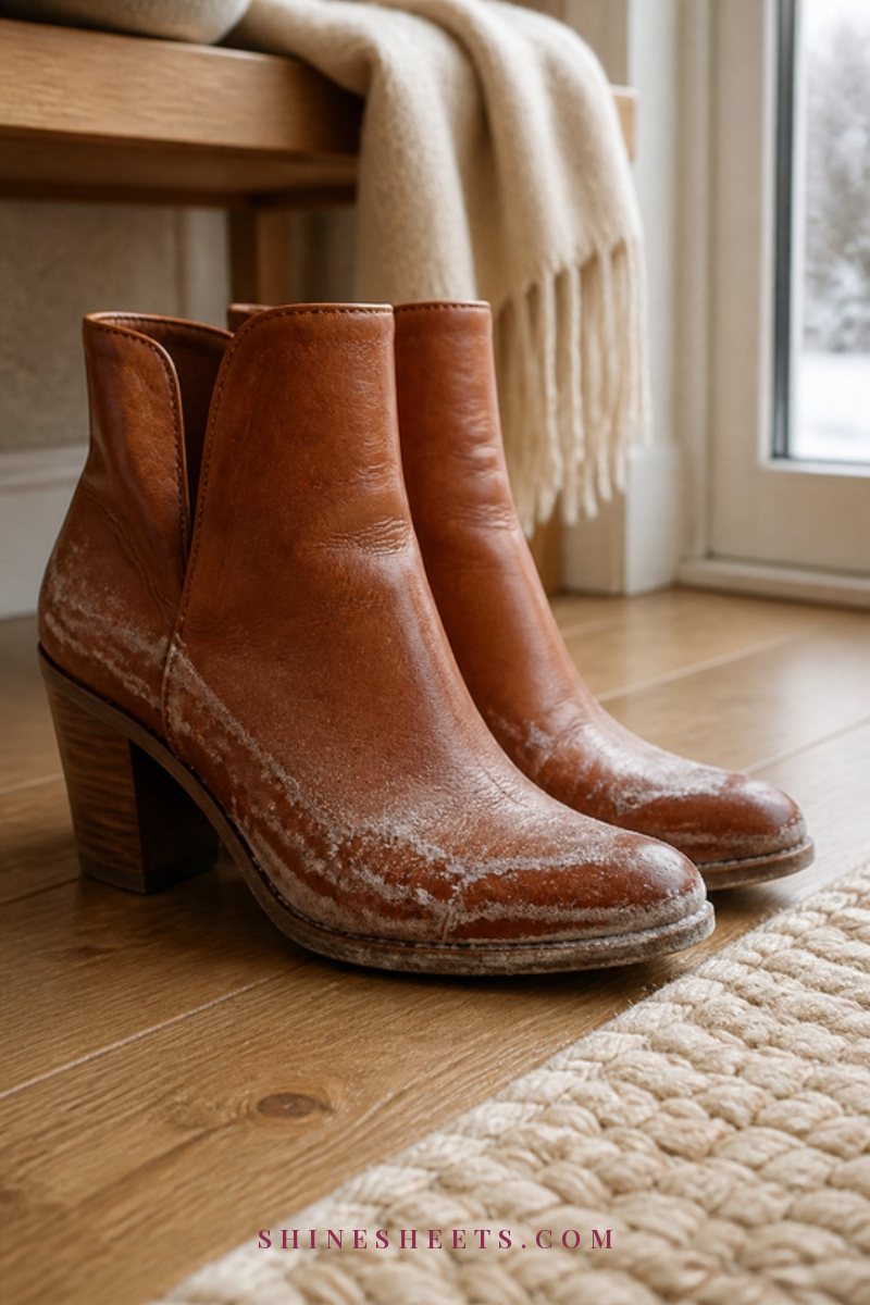 Pair of cognac leather ankle boots with faint white salt lines standing on a light wood floor near a cream doormat