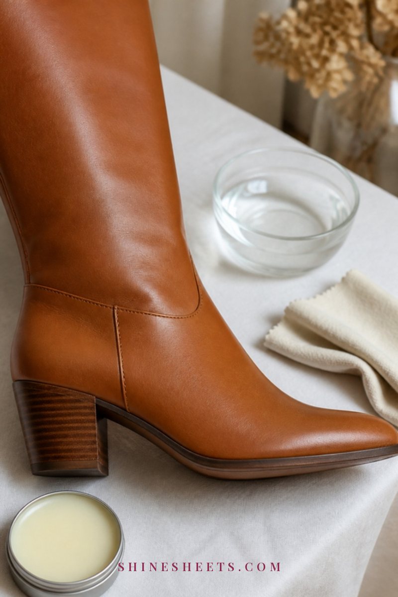 Smooth tan leather boot beside a small glass bowl of water and a folded cream cloth on a white table in soft daylight
