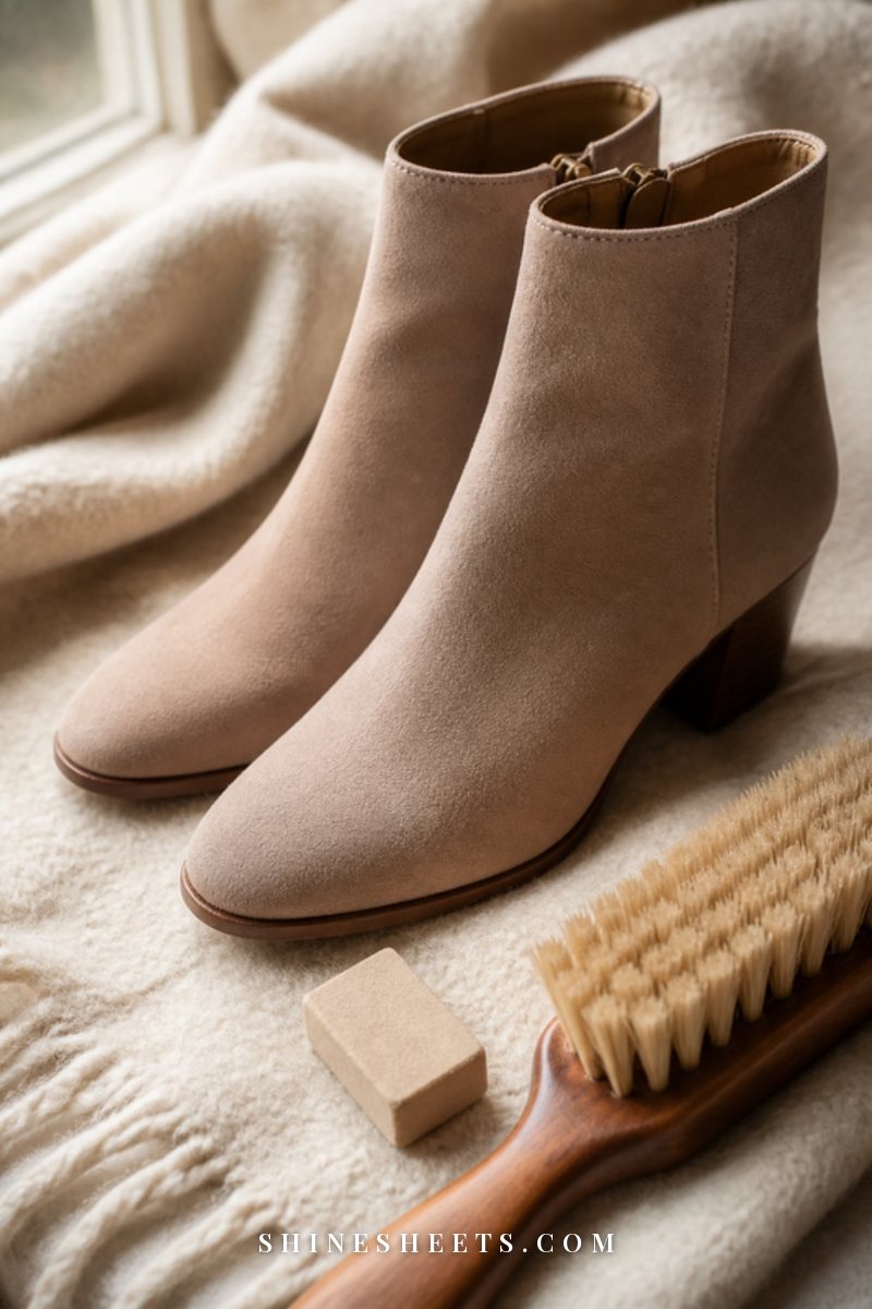 Soft taupe suede ankle boots beside a natural bristle suede brush and a small eraser block on a cream wool throw