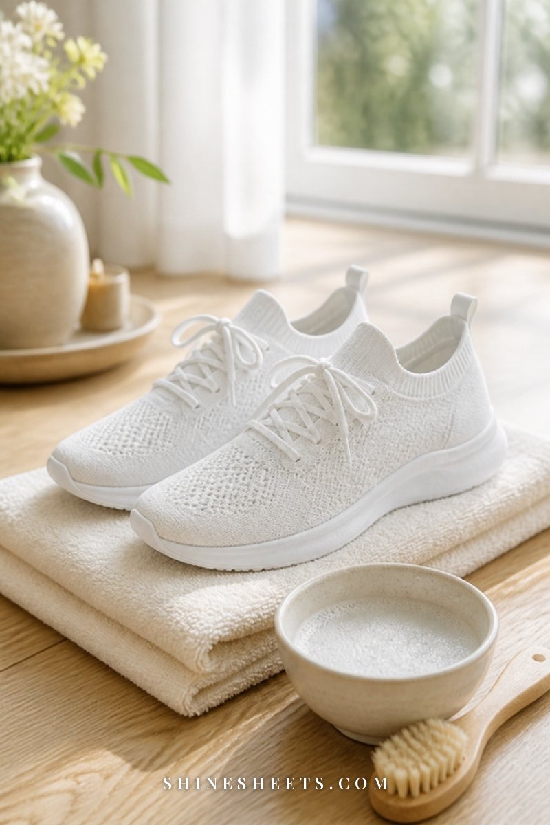 White knit sneakers drying on a cream towel next to a small bowl of soapy water and a soft brush