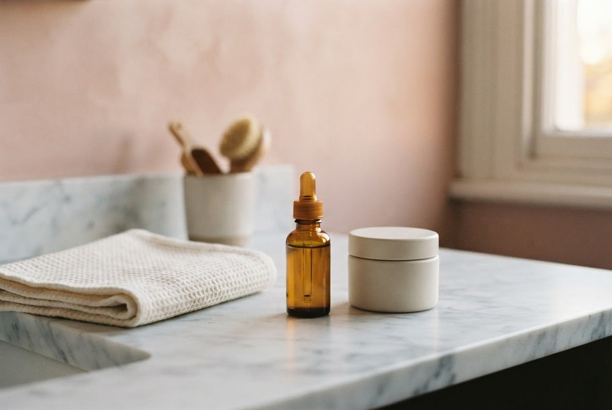 Amber glass dropper bottle, an unlabeled cream jar and a folded ivory towel on a marble vanity in soft evening light