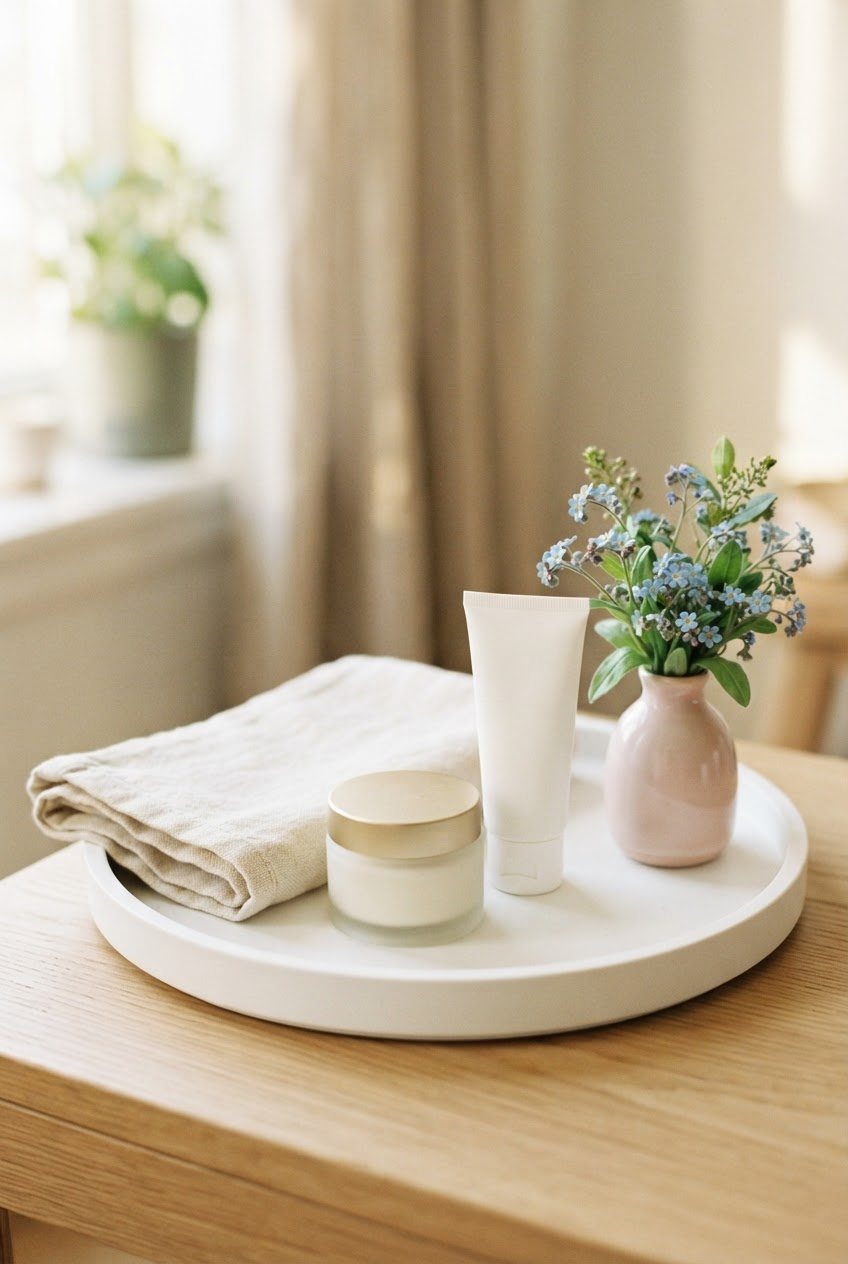 Folded ivory linen towel, an unlabeled cream jar, a white sunscreen tube without label and a small vase of baby blue flowers on a white tray