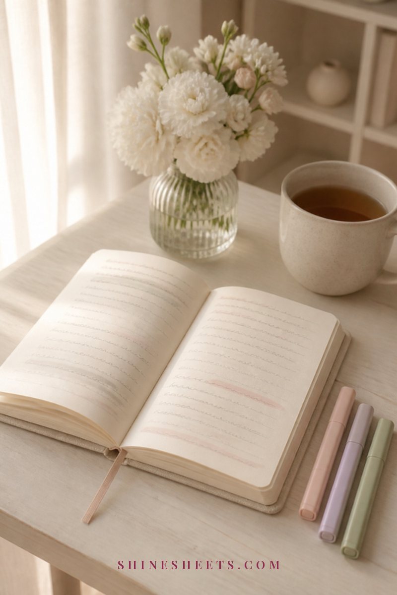 A cream ceramic mug of tea beside an open linen journal and a small bud vase of pink flowers on a sunlit windowsill