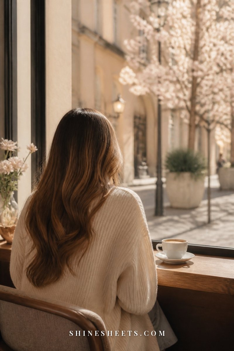 A small café table by a window with a cup of coffee, an open book and a single rose in a bud vase in soft afternoon light