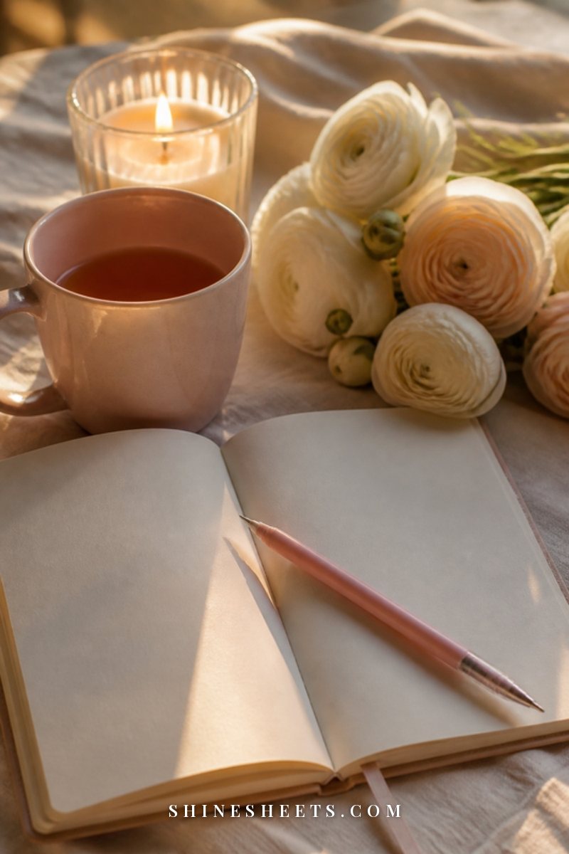 A sunlit breakfast table with a cream ceramic mug, a linen napkin, a bud vase of flowers and an open journal in morning light
