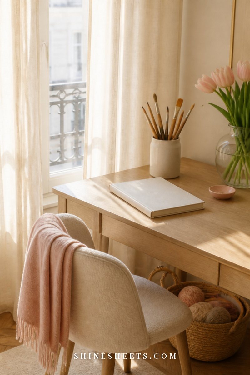 A tidy cream desk with a linen notebook, a glass of water, a small vase of tulips and a candle near a sunny window