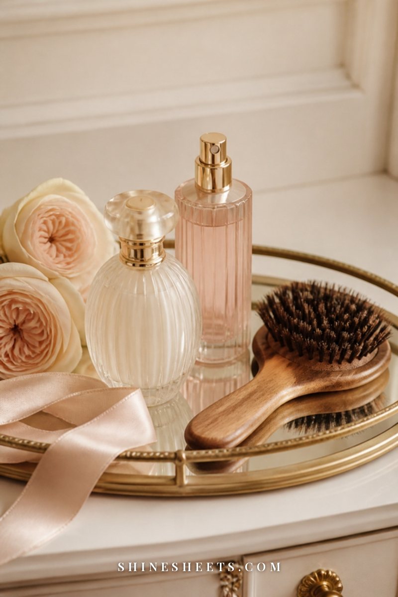 A vanity tray with a pink silk scrunchie, a perfume rollerball, a pearl hair clip and a small bud vase on cream marble