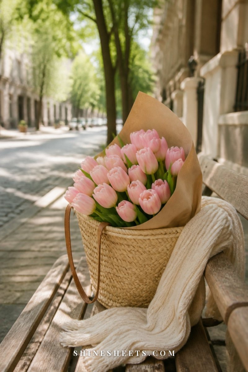 A woven straw tote with a paper-wrapped bundle of pink tulips on a sunny wooden bench by a quiet street
