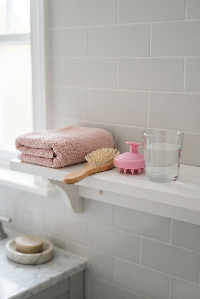 Folded blush towel, a cream boar bristle brush, a pink scalp massager and a glass of water on a white bathroom shelf