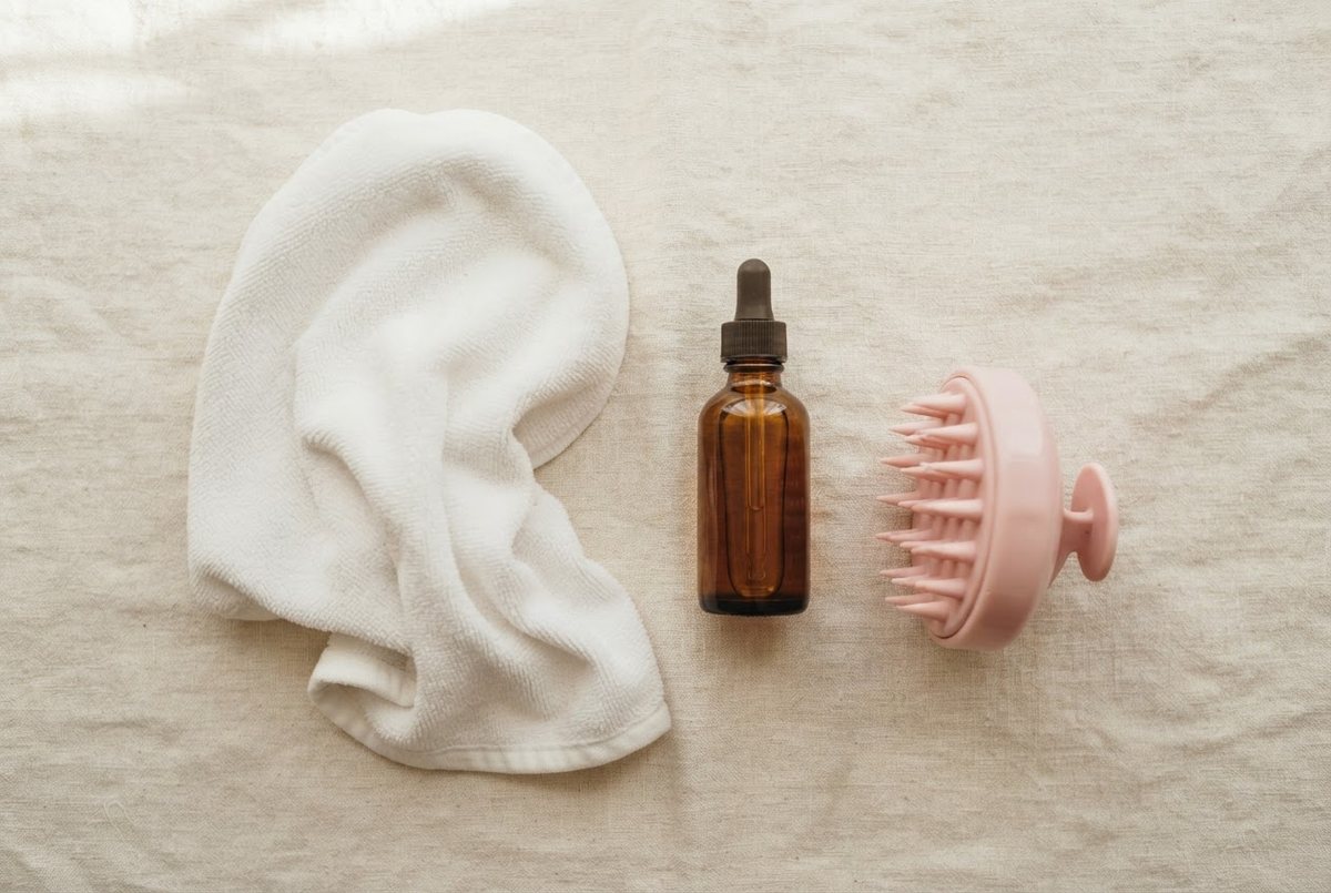 Pink silicone scalp massager, a white microfiber hair towel and an amber serum dropper bottle on a cream linen surface