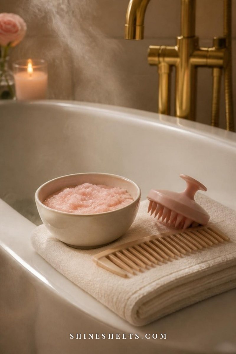 Cream ceramic bowl of scalp scrub, a beige wide tooth comb and a folded ivory towel arranged on the edge of a white bathtub
