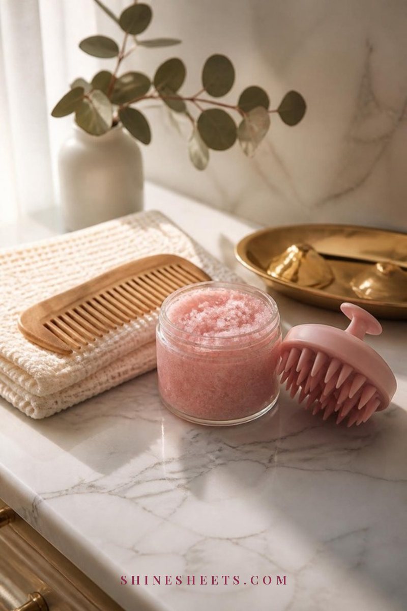 Cream towel, wooden comb, glass jar of pink scalp scrub and a blush silicone scalp brush on a marble bathroom counter in soft light