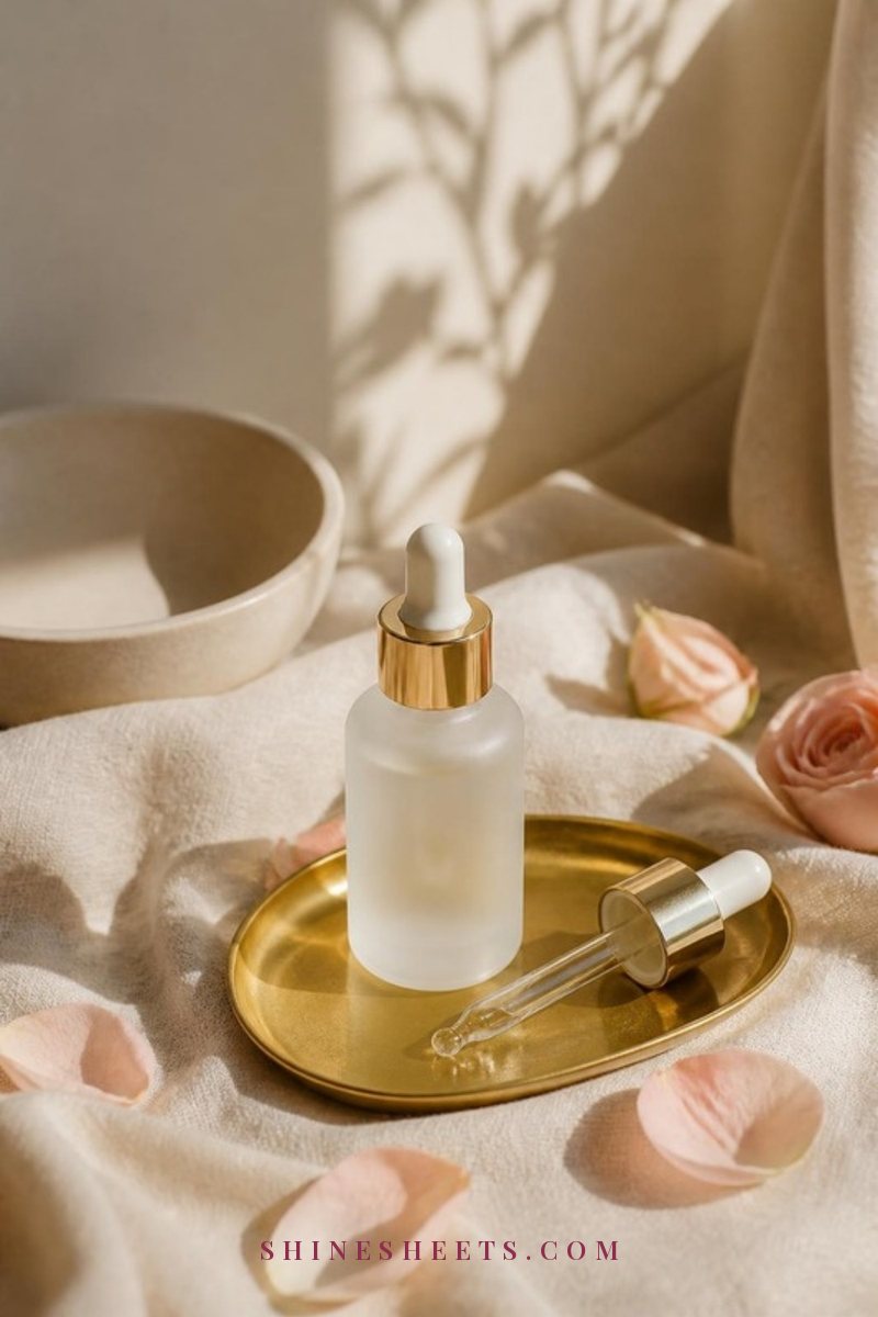 Frosted glass dropper bottle of clear scalp serum on a cream linen cloth with a gold tray and soft daylight