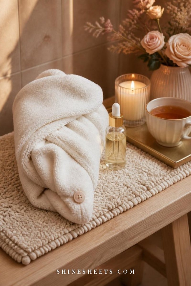 Ivory microfiber hair towel wrap folded on a cream bath mat beside a glass dropper bottle of scalp serum and a lit glass candle