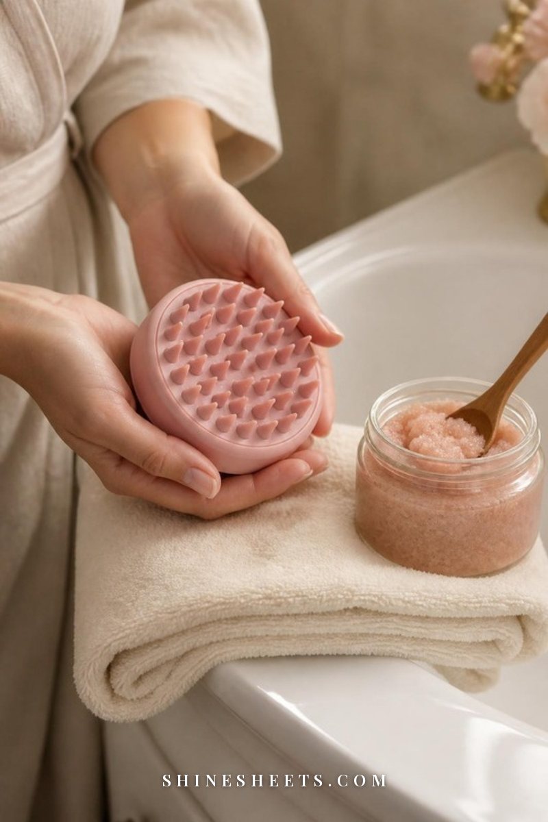 Woman's hands holding a blush pink silicone scalp brush over a cream towel with a glass jar of scalp scrub beside a white sink