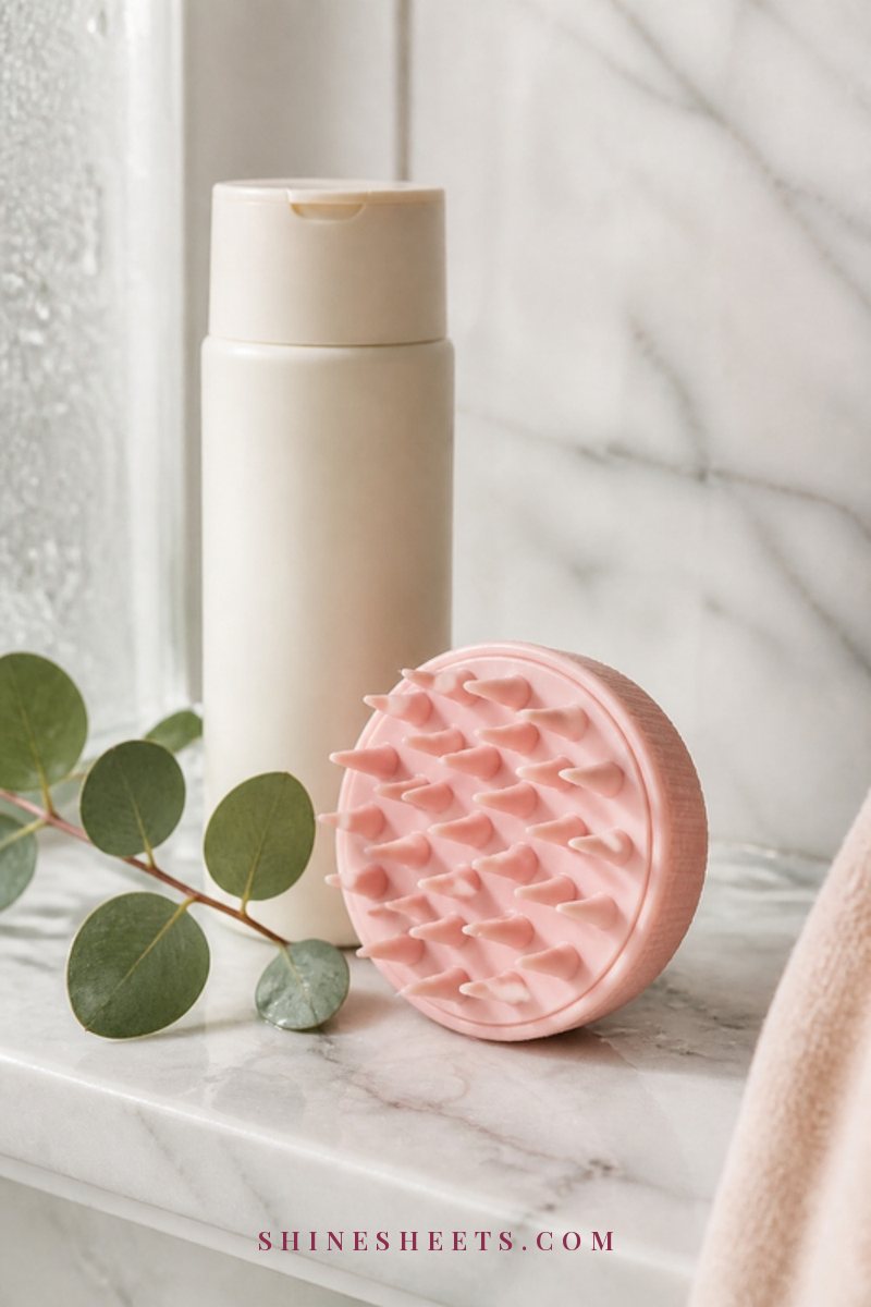 Soft blush silicone scalp massager brush resting on a white marble shower shelf beside a cream shampoo bottle and a eucalyptus sprig