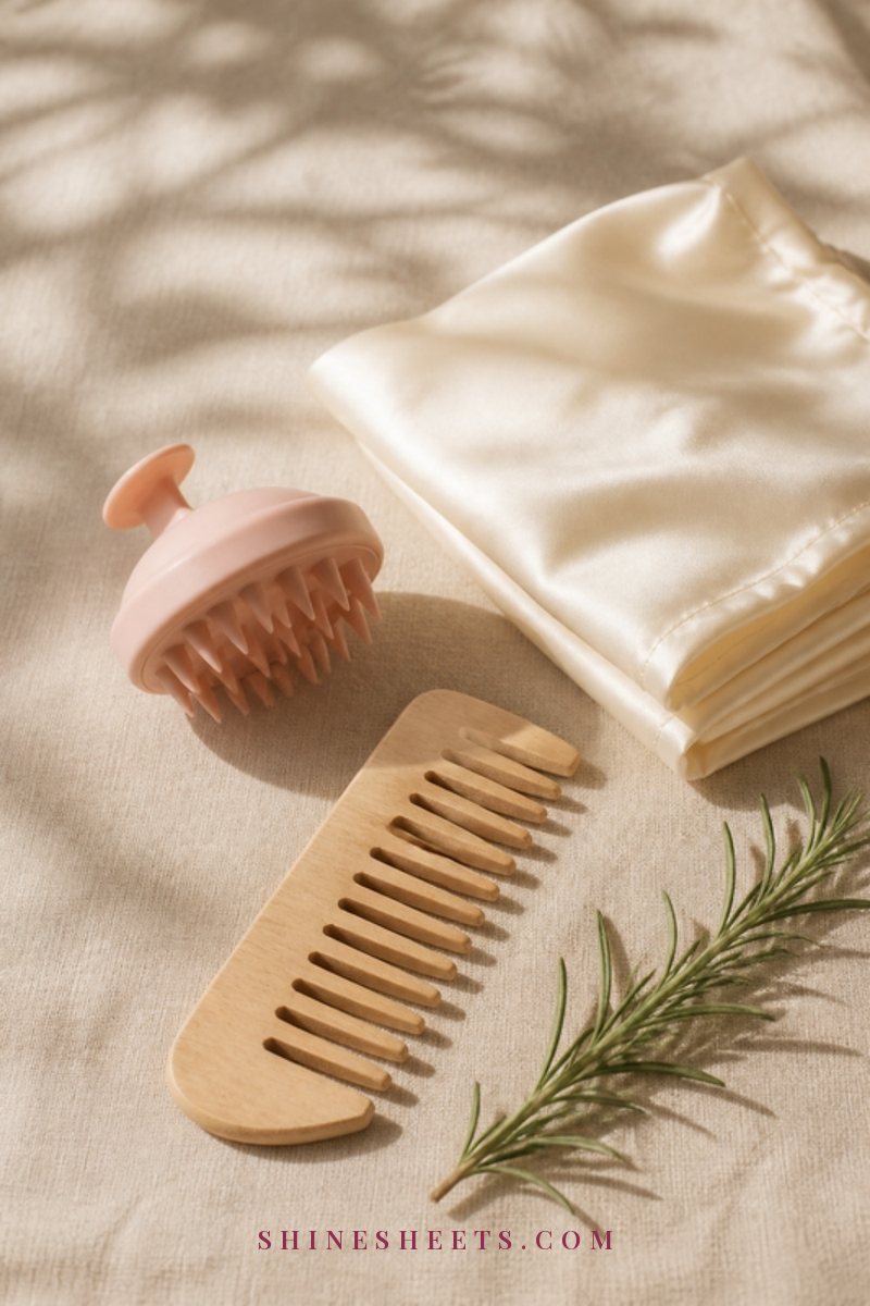 Soft silicone scalp brush, a wooden comb and a folded cream satin towel on a beige linen surface with a sprig of rosemary