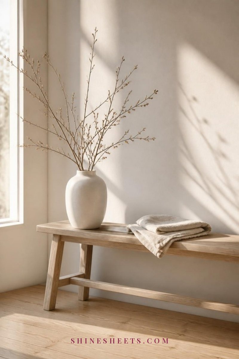 Bright Scandinavian corner with warm white walls, a pale oak bench, a white ceramic vase and soft window light