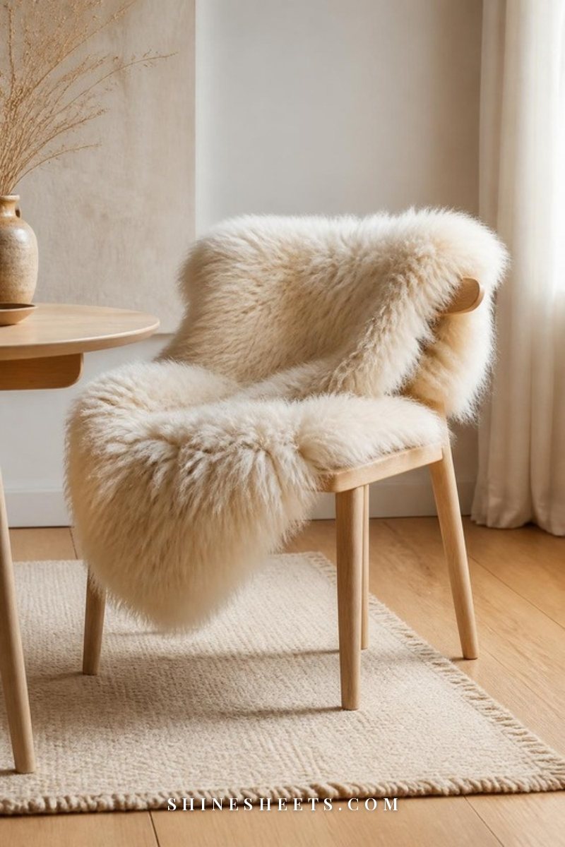 Faux sheepskin rug draped over a pale wooden chair beside a white wall in soft daylight