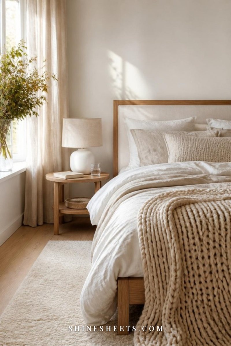 Scandinavian bedroom with white linen bedding, a pale wood bed frame, a knit throw and a white ceramic bedside lamp