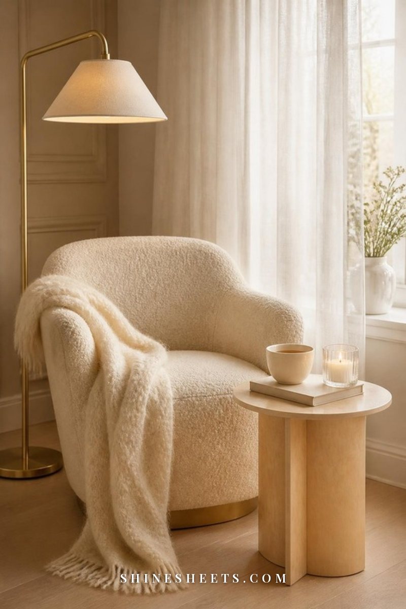 Scandinavian reading corner with a cream armchair, white wool throw, floor lamp and a small birch side table