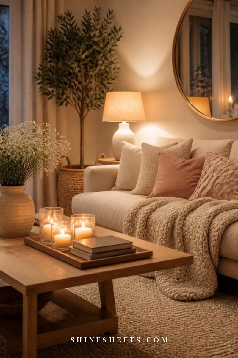 Warm Scandinavian living room in the evening with glowing lamps, glass candles, a cream knit throw and pale wood furniture