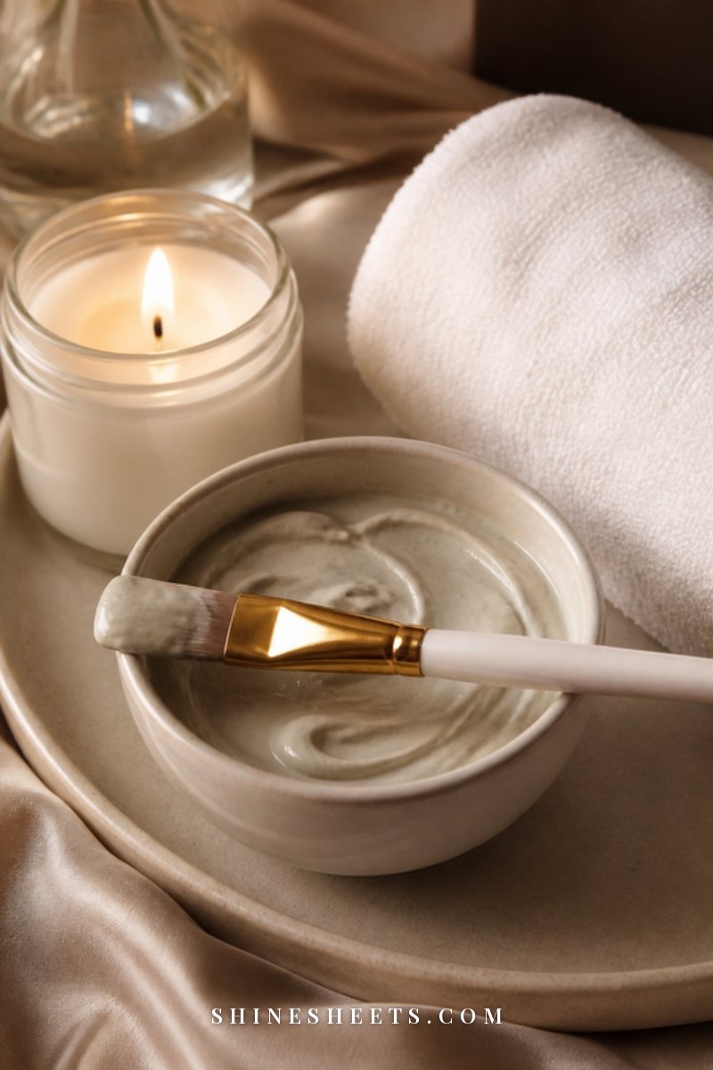 A cream ceramic bowl of pale clay mask with a soft brush on a white towel next to a glass candle