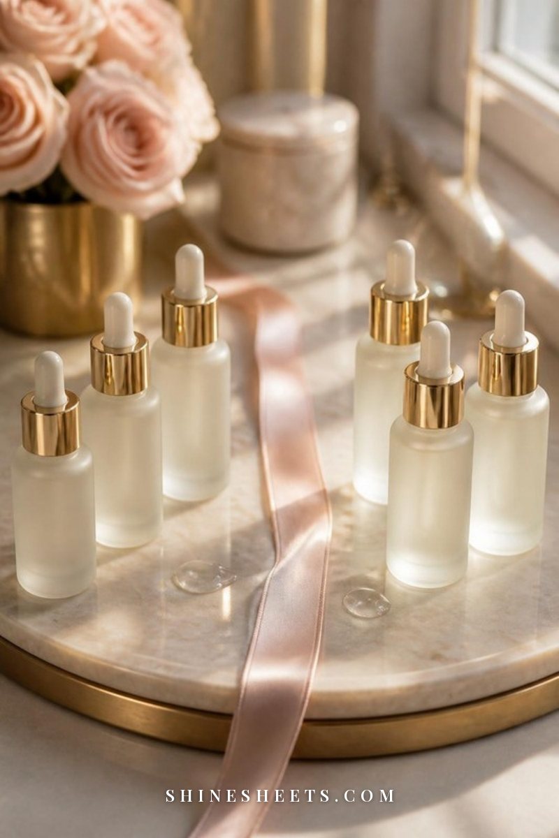 Glass skincare bottles with droppers and a small cream jar on a white marble tray with soft daylight
