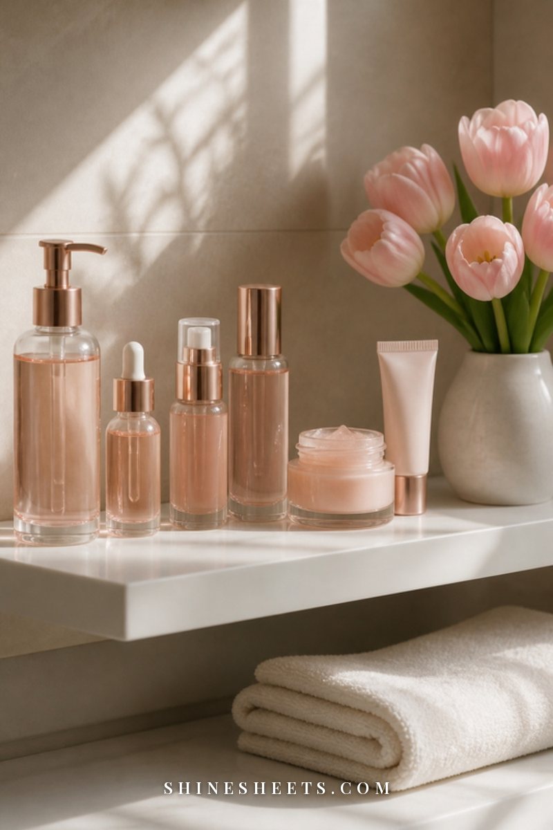 A neat row of glass skincare bottles and a cream moisturizer jar on a white bathroom shelf in morning light