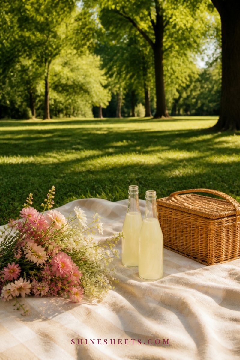 Cream picnic blanket in a sunny park with two drinks in glass bottles and a small bunch of wildflowers