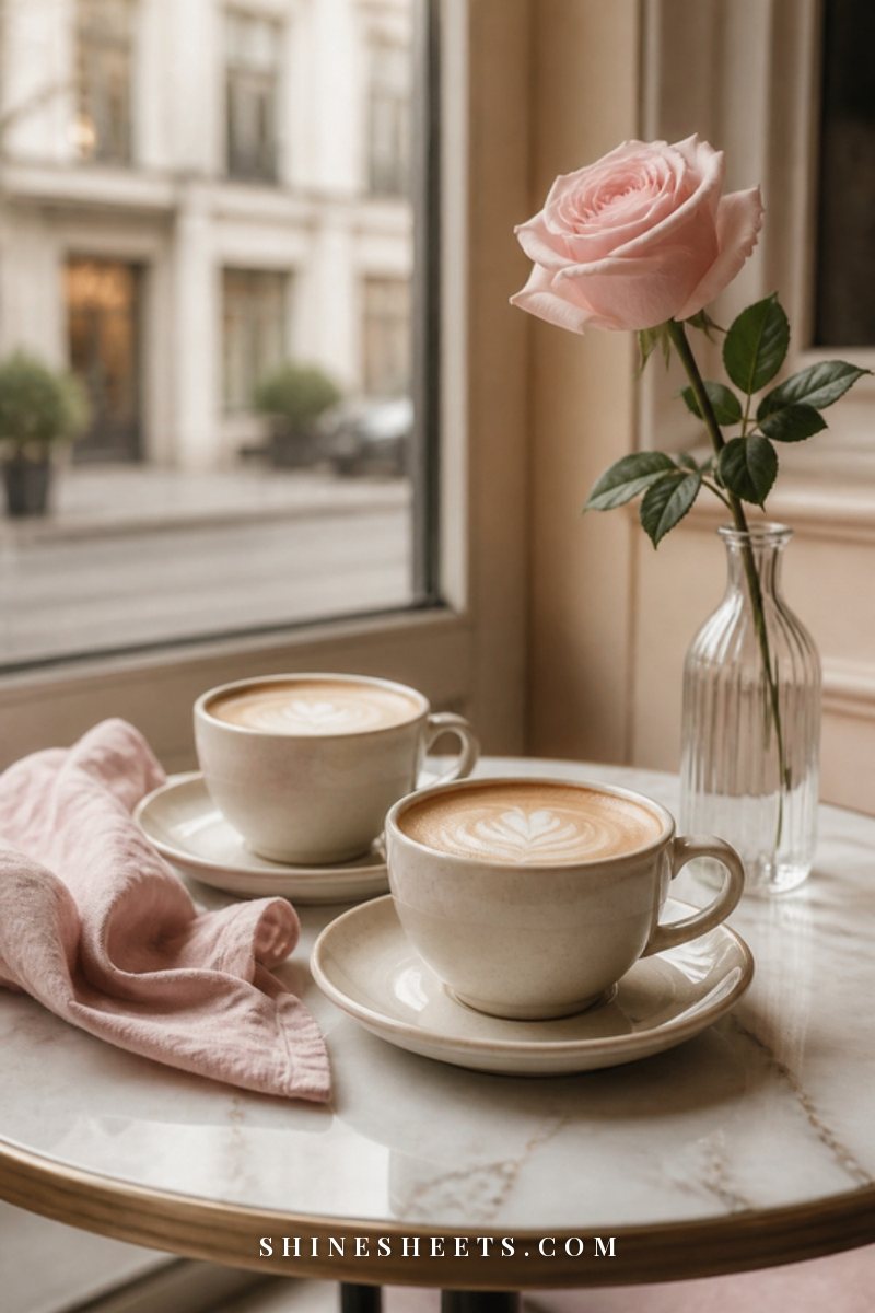 Two coffee cups on a small marble café table with soft daylight and a blurred street behind